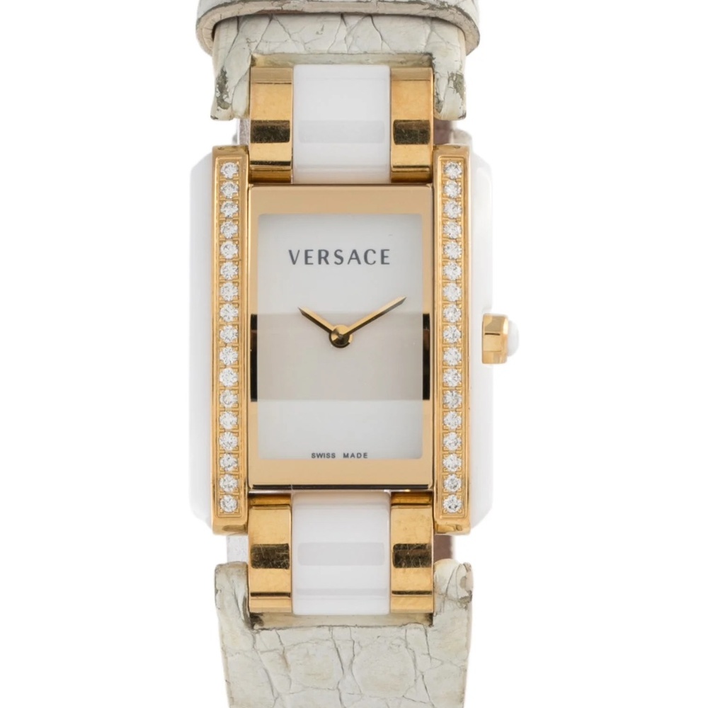 Versace Classic Gold Tone Watch Diamond Bezel White Alligator Leather Strap Band